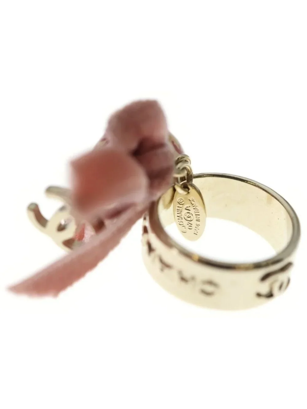 Chanel CC Logo Pearl Ribbon Ring Gold Pink